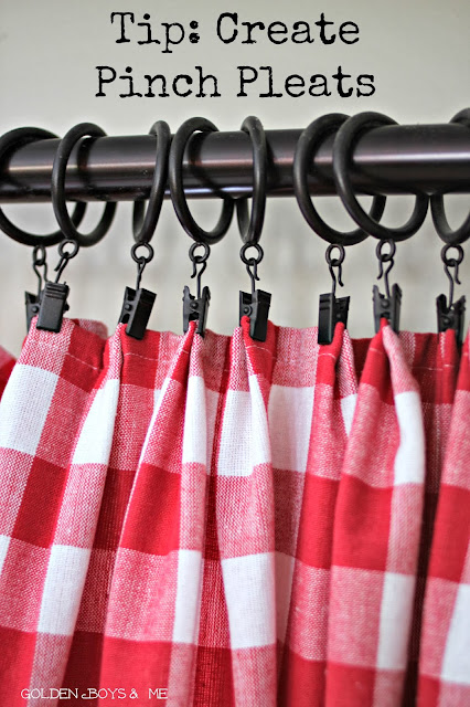 pinch pleats red and white check draperies with drapery clips-www.goldenboysandme.com