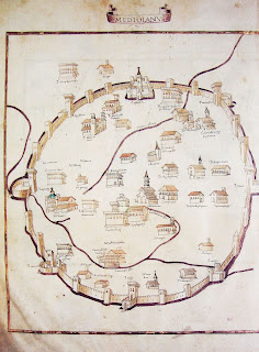 Medieval map of Milan from the Vatican Library, drawn in 1472, shows the walled Milan as very round and circular