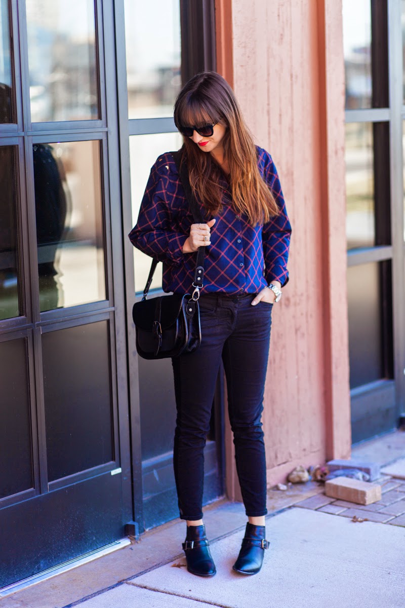 plaid shirt, studded shirt, button down shirt, mason scotch, scotch and soda, red lipstick outfit, trousers with faux leather stripe loft pants, steve madden booties, silver toed booties, long hair with bangs, kate spade watch, nashville blogger, nashville street style, fashion blogger, maternity style