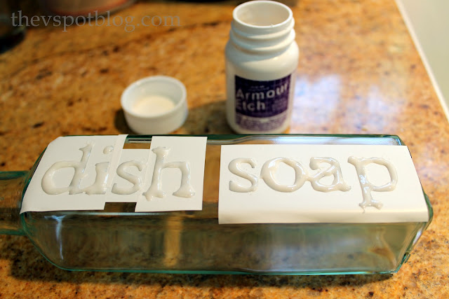 DIY etched glass dish soap dispenser.