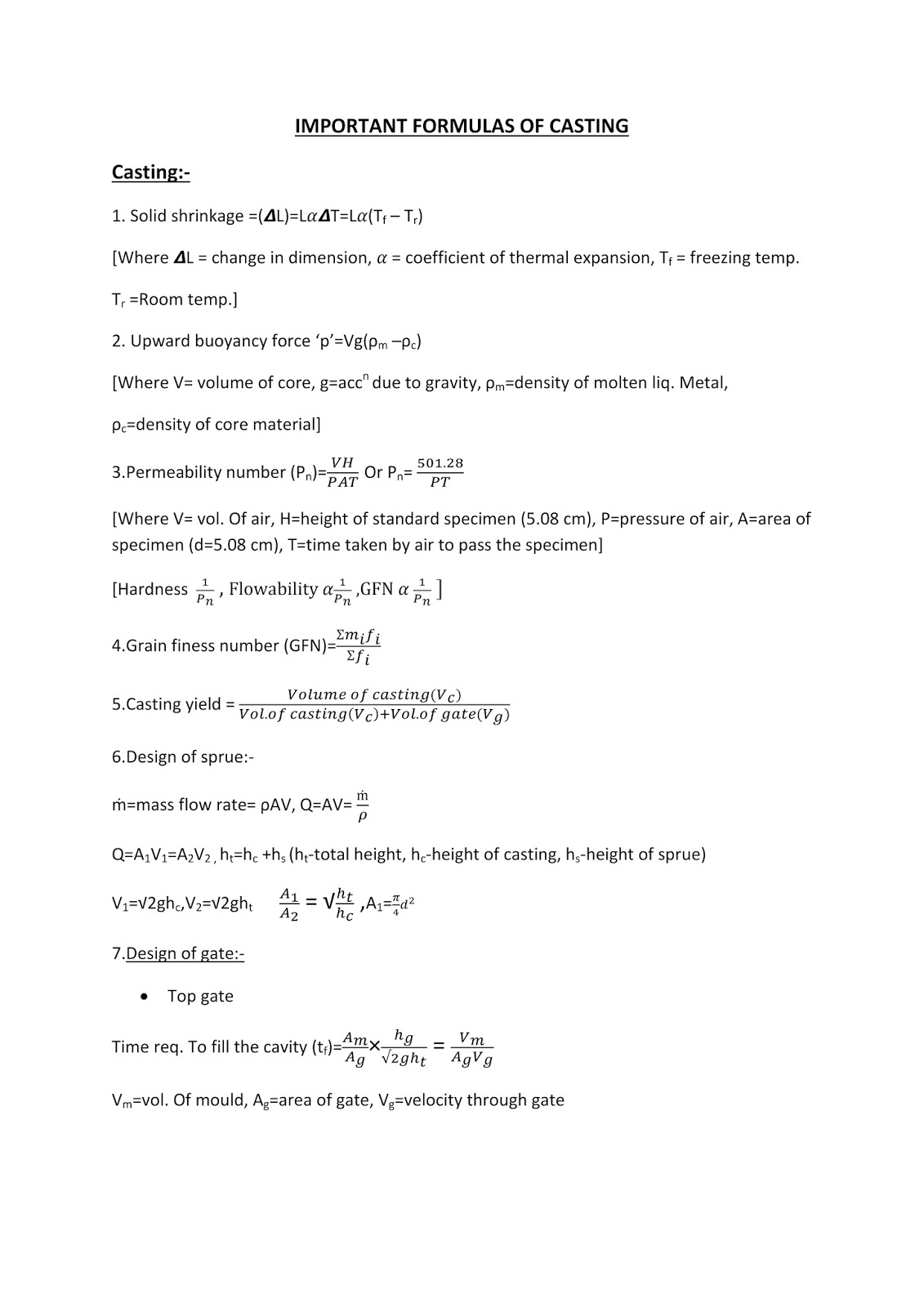 GATE FORMULA MECHANICAL Important formulas of casting