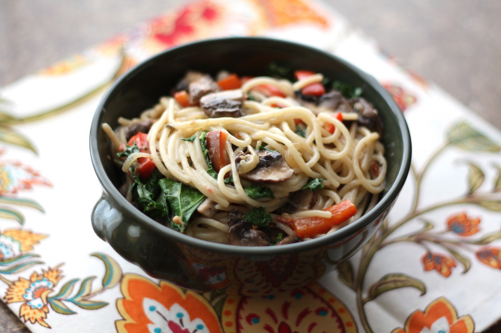 Barefeet In The Kitchen Chipotle Pasta with Kale, Peppers and Mushrooms