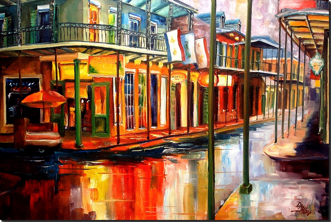 a brightly colored painting of the buildings on the French Quarter's Bourbon Street