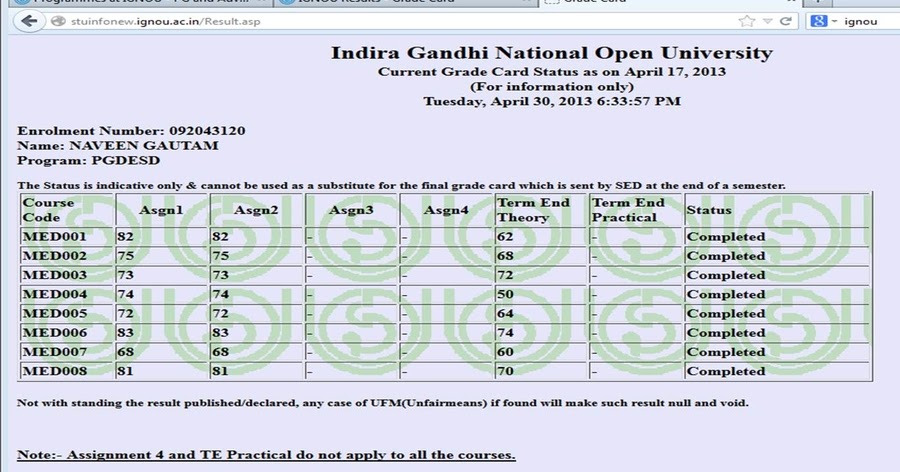 Grade card ignou bed Grade card ignou bed picture