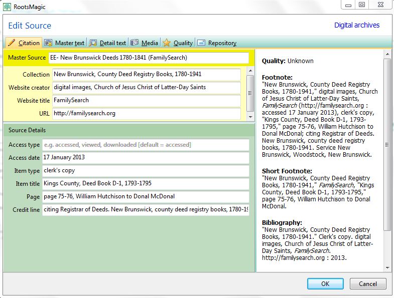 GeneaMusings Source Citation for New Brunswick Land Deed Record