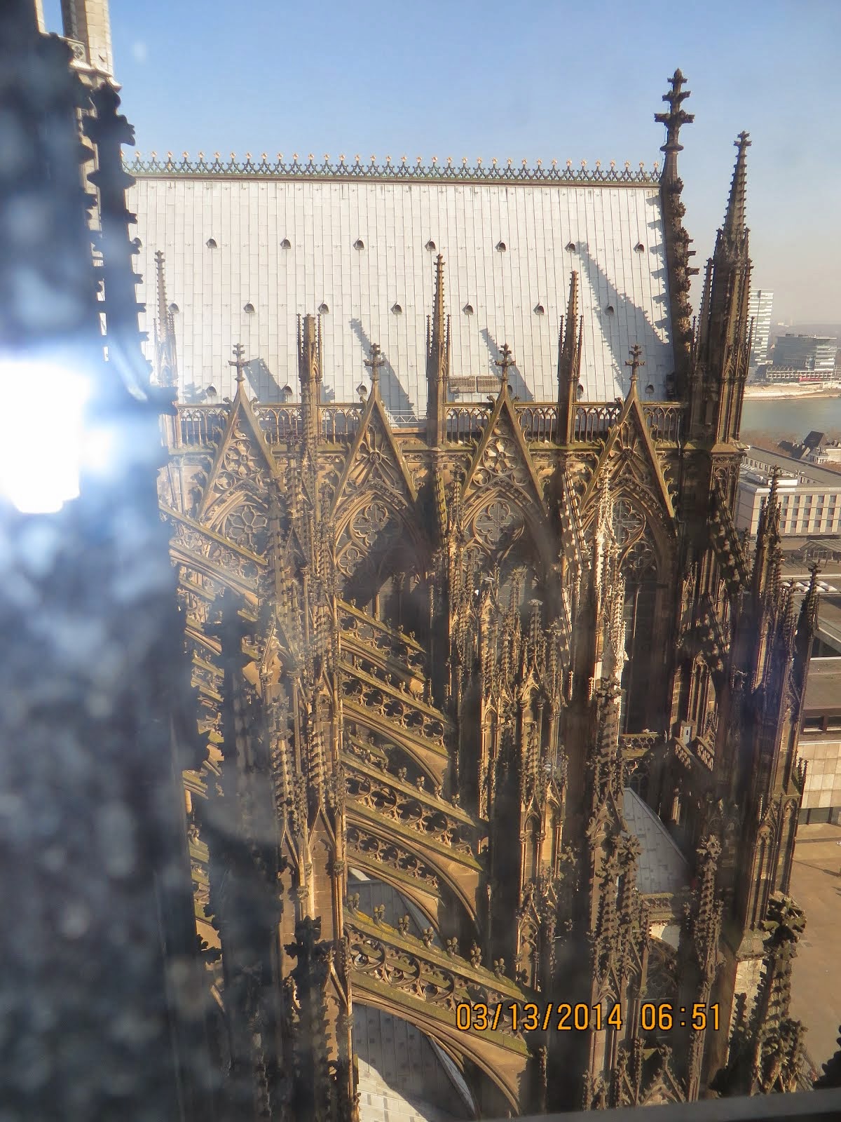 Cologne Cathedral from roof level, with buttresses, half way to top of towers