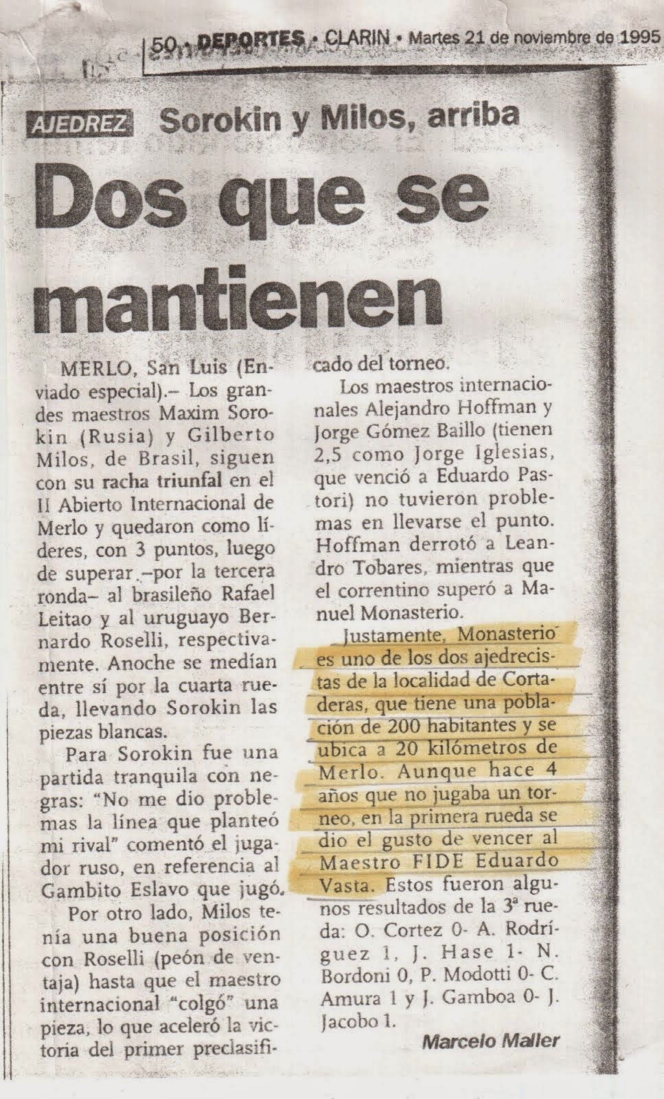 Newspaper recounting my win over my late friend FM Eduardo Vasta ELO 2400