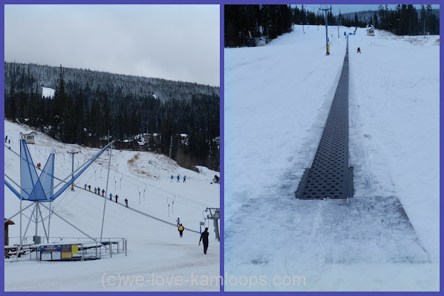 The t-bar and conveyor belt to take young skiers up the small hill