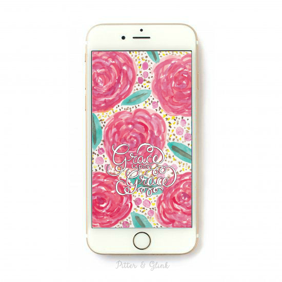 Free Hand-Lettered "Grace Upon Grace" iPhone Lock Screen Featuring Hand-Painted Watercolor Roses. www.pitterandglink.com
