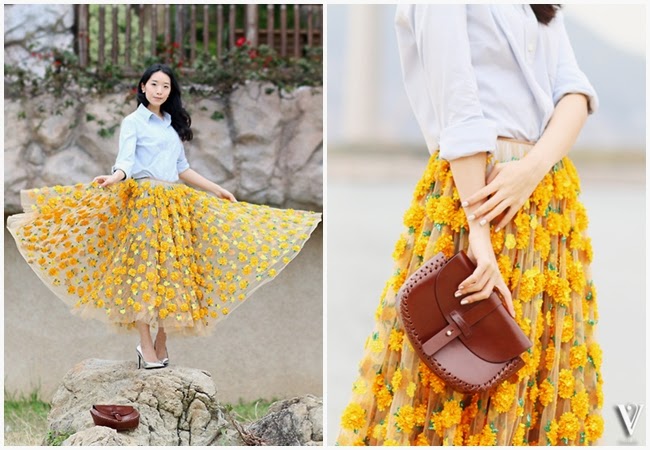 http://lookbook.nu/vnikali Michael Kors 2015 SS Yellow Marigold Floral Embroidered Tulle Skirt Editorials