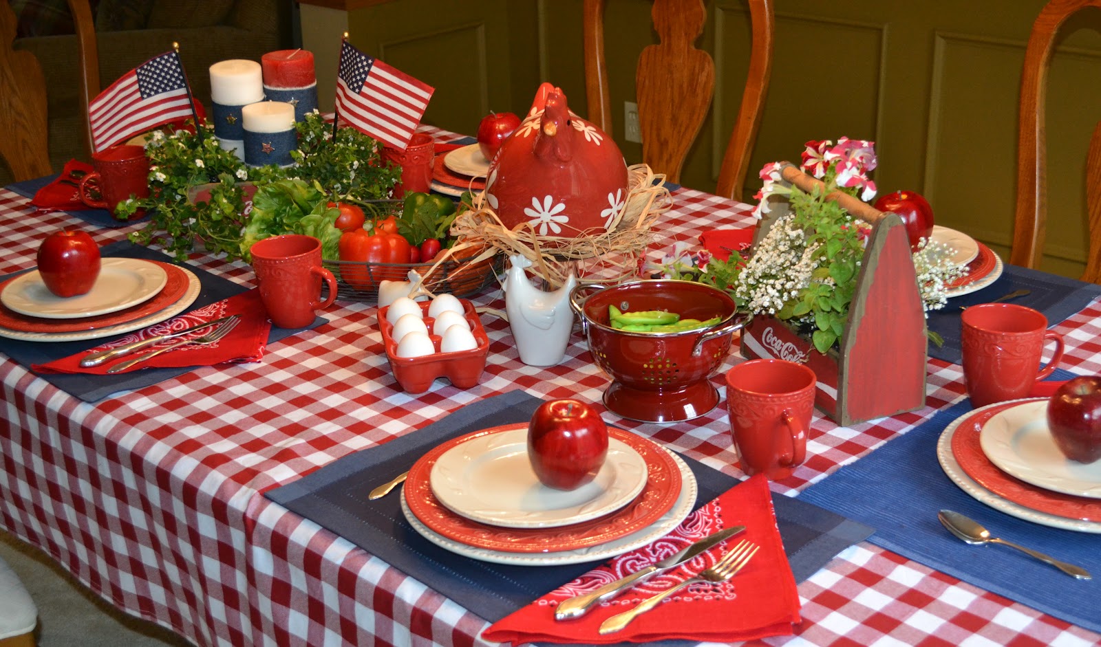 Corner Of Plaid And Paisley Red White And Rooster 4th Of July Tablescape