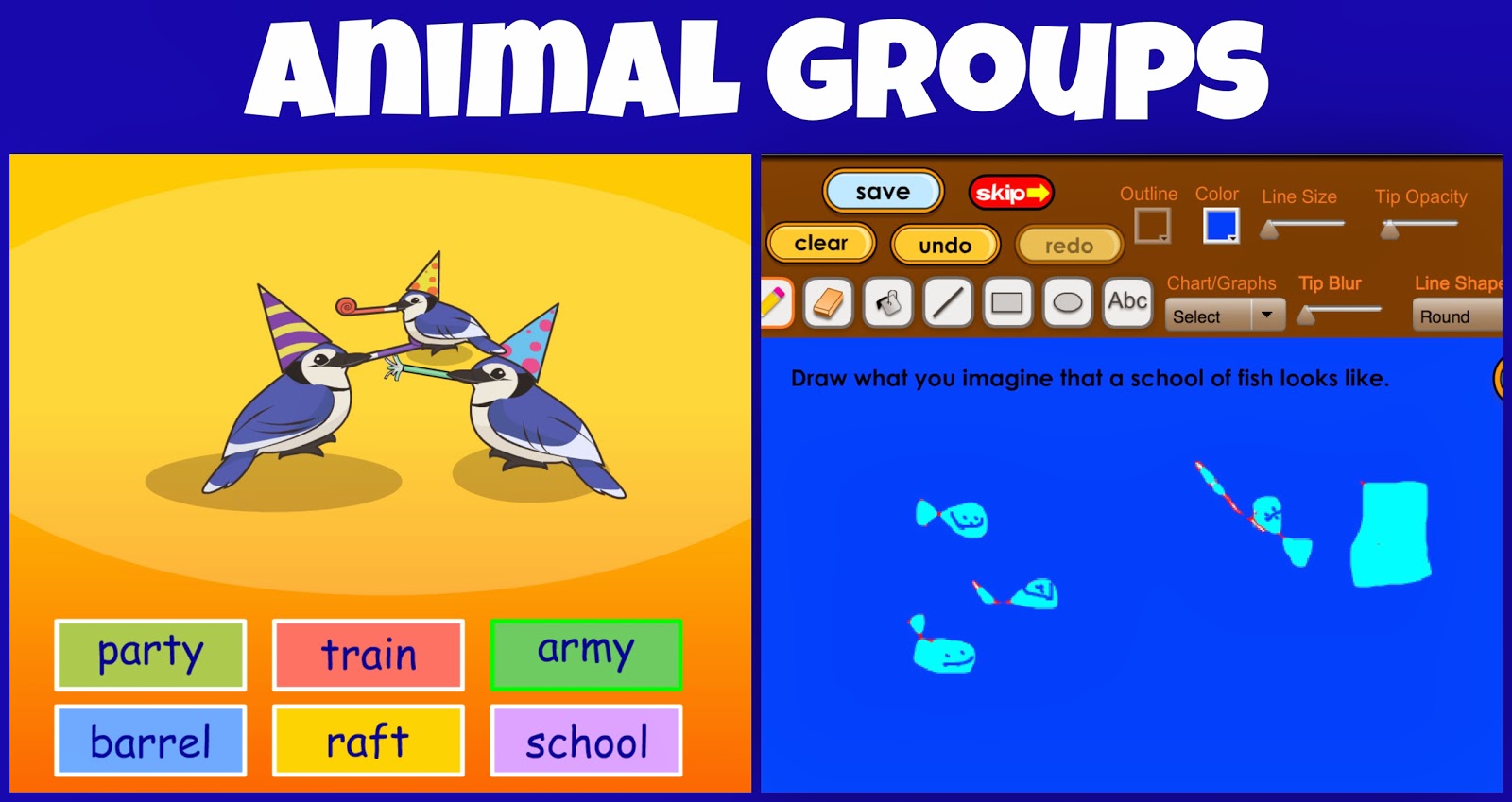 animal groups  party of blue jays school of fish