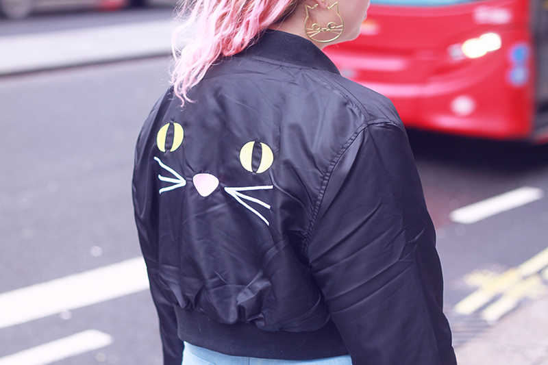 lazy oaf kitty bomber jacket and earrings