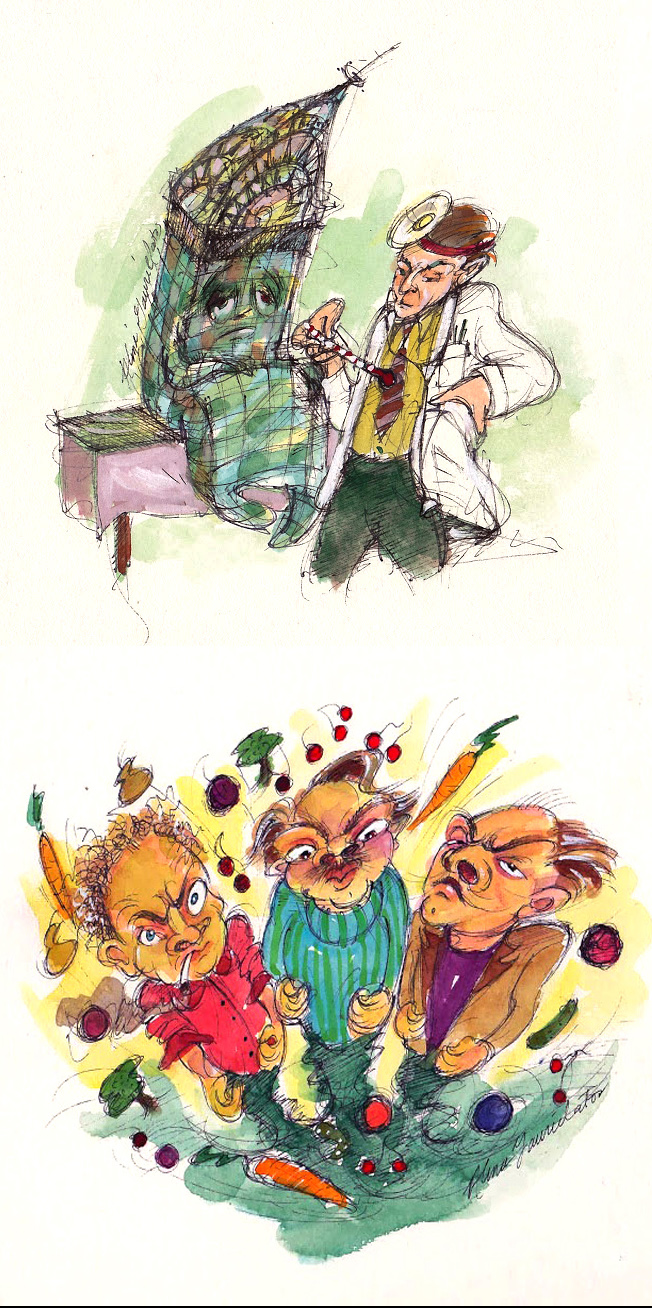 Title "Three Days In A & E" and "Angry Fruit Vendors"