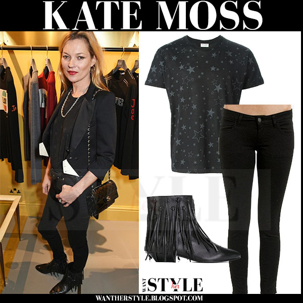 Kate Moss in black star print top and black skinny jeans at Bella Freud