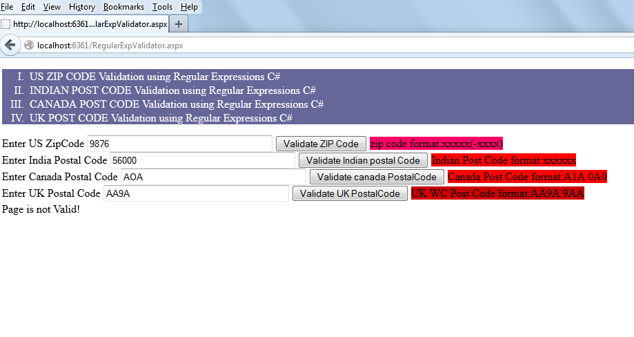asp net 4 tutorials asp net regularexpressionvalidator example how zip code is not in correct format