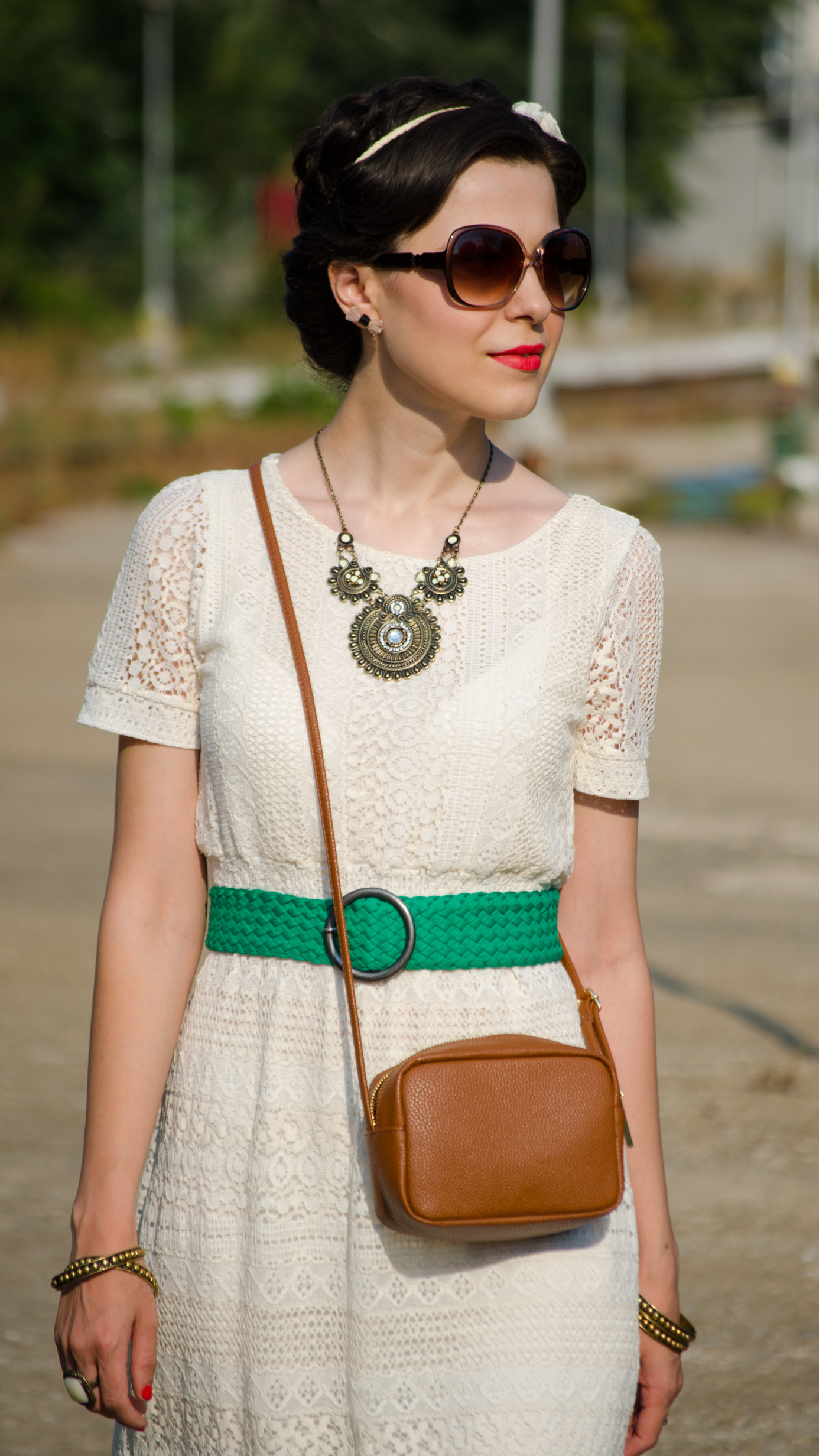 boho chic cotton lace dress koton green belt strap green nude shoes statement necklace h&m small brown satchel ivory