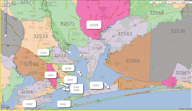 Escambia & Santa Rosa County zip code map 