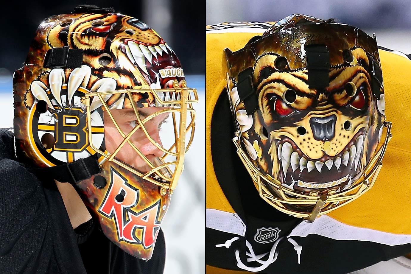The artwork on the backplate of the mask of Boston Bruins goalie