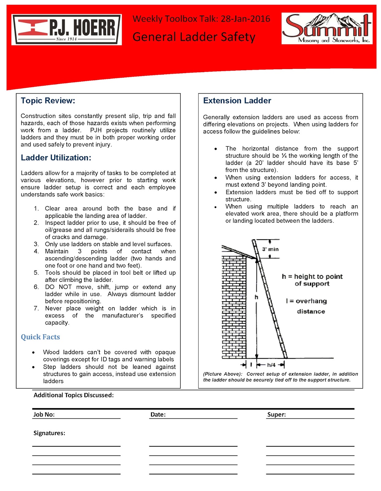 P.J. Hoerr, Inc. P.J. Hoerr & Summit Masonry Weekly Toolbox Talk