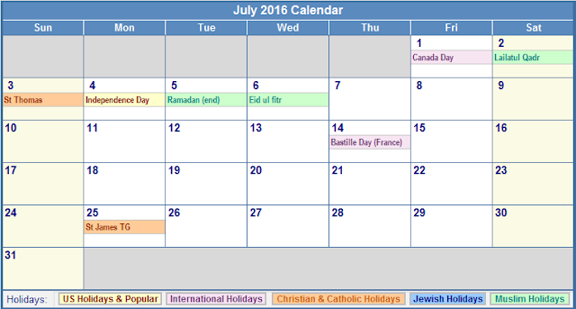 July 2016 Calendar with US Holidays Free, July 2016 Printable Calendar Cute Word Excel PDF Template Download Monthly, July 2016 Blank Calendar Weekly