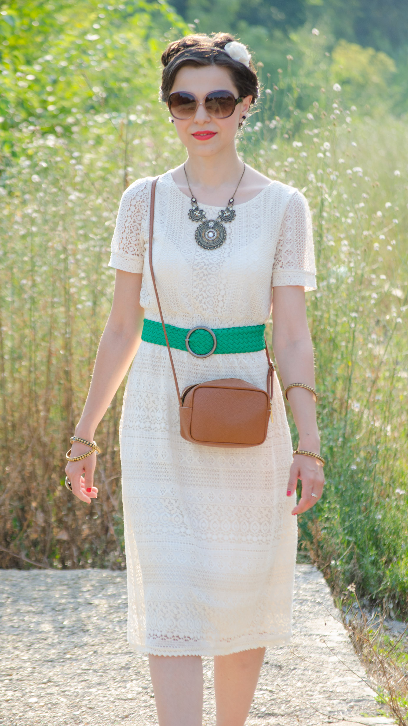 boho chic cotton lace dress koton green belt strap green nude shoes statement necklace h&m small brown satchel ivory