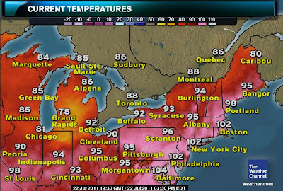 >Mid-Atlantic, Northeast bathed in 100°+ air temps, heat indexes surpass 120° in many areas. All-time records may be threatened in NYC and Philly. Newark melts old record with 108° high
