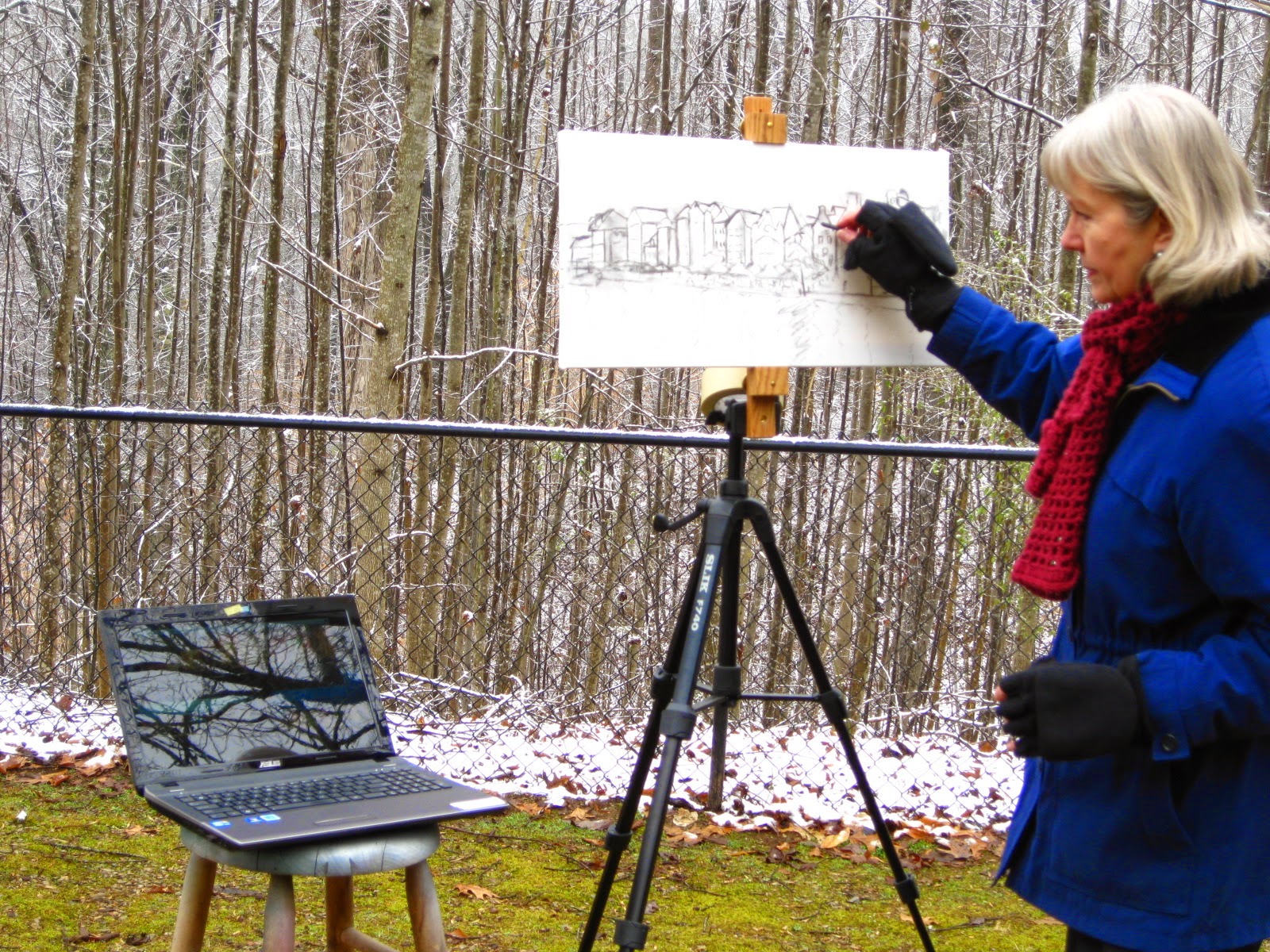 Joan Terrell artist sketching en plein air Joan Terrell artist outside creating View from the Bridge
