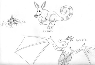 Genzie's an ice type, Zavore should be red, and the unnamed unicorn-mole thing exists just because there wasn't enough cuteness on the page.