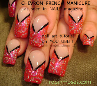 NAILS MAGAZINE AUGUST 2011, 20 FRENCH MANICURE ADAPTATIONS BY ROBIN MOSES, PINK AND BLACK chevron nail art, PURPLE off center chevron nail art, RED AND GOLD indian wedding french nail art design, COLORFUL alternative french with floral nail art design, bridal white scalloped french nail art design, diagonal french with multi colored palm trees nail art design tutorials