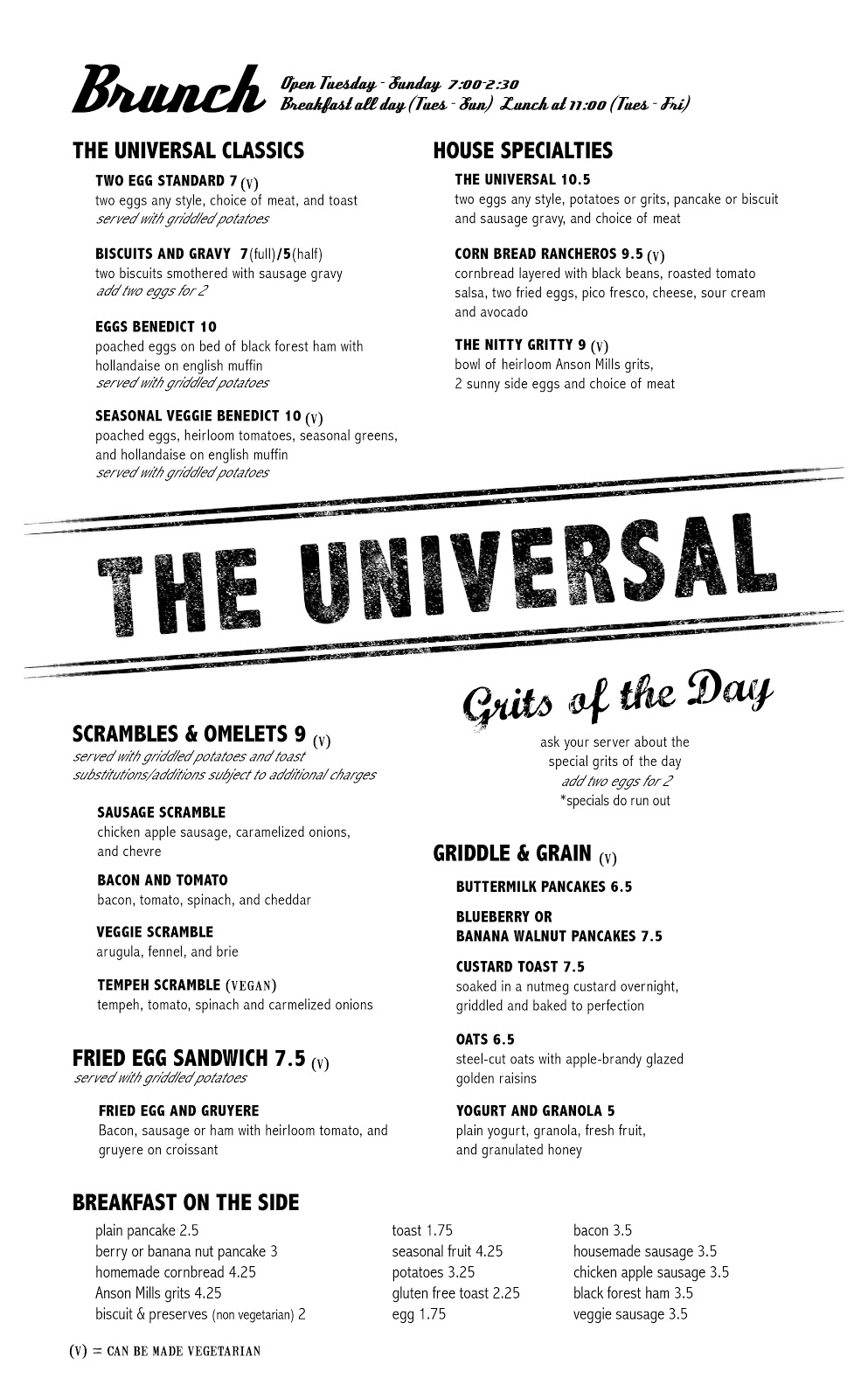 THE UNIVERSAL WEEKEND BRUNCH MENU