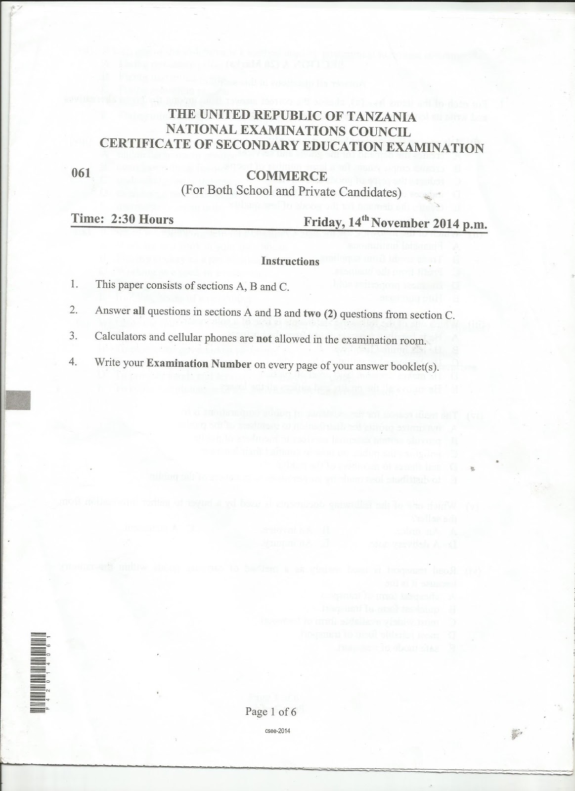 FORM FOUR STUDY NOTES & PAST PAPERS BLOG COMMERCE , NECTA 2014, FRIDAY