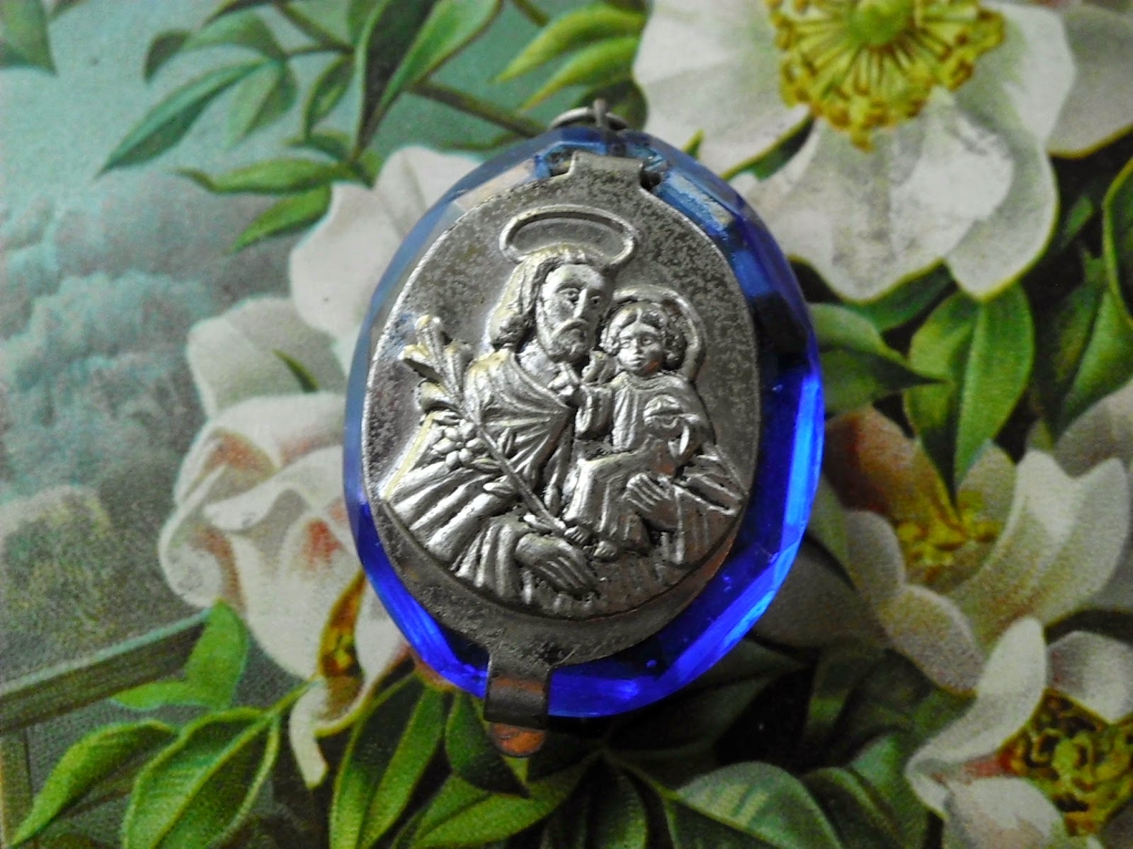 Vintage Religious Medals Vintage Czech Blue Glass Locket Miniature