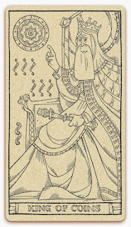 King of Coins card - inked illustration - In the spirit of the Marseille tarot - minor arcana - design and illustration by Cesare Asaro - Curio & Co. (Curio and Co. OG - www.curioandco.com)