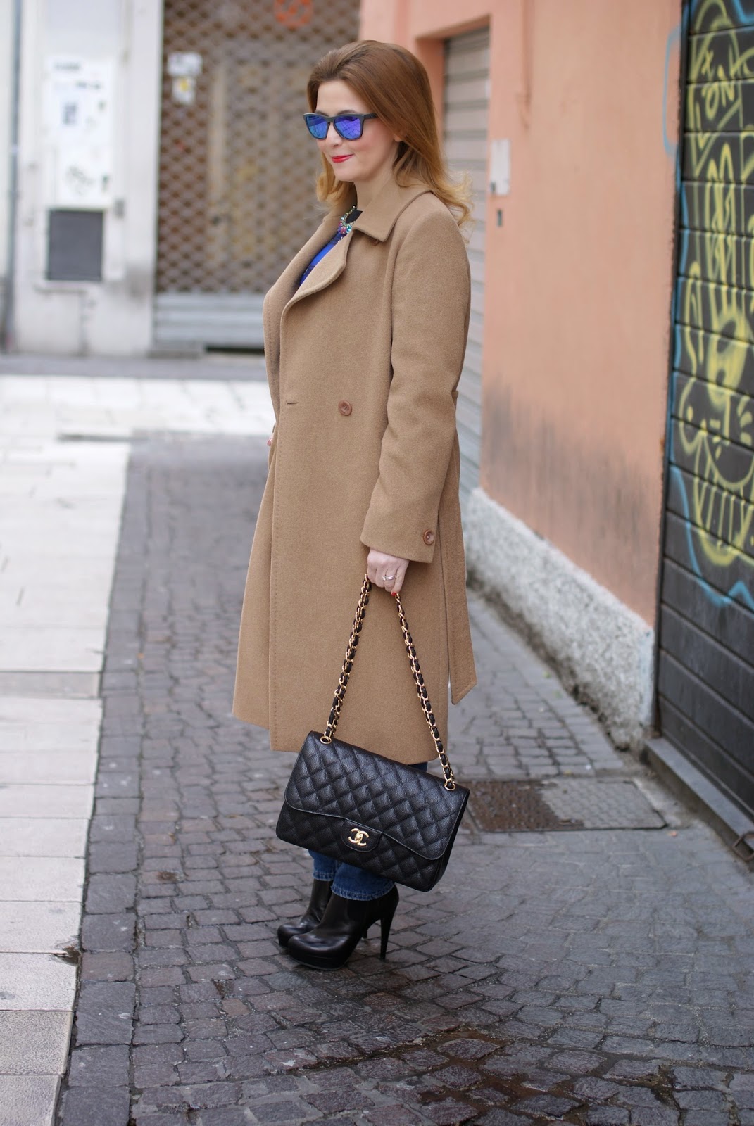 Max Mara camel belted wool coat and Chanel 2.55 classic flap bag on fashion blogger Vale on Fashion and Cookies fashion blog