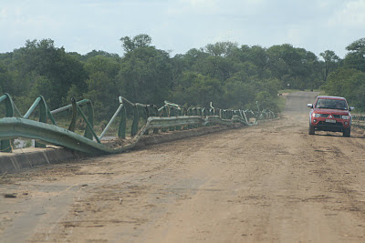 Van deze brug is de railing zwaar beschadigd, zoals dat het geval is bij alle andere bruggen in het Krugerpark.