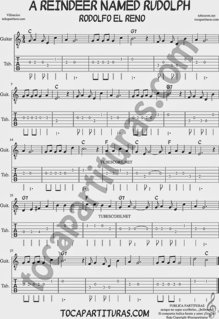 Tubescore A Reindeer Named Rudoloh tab sheet music for guitar Traditional Christmas Carol with Chords