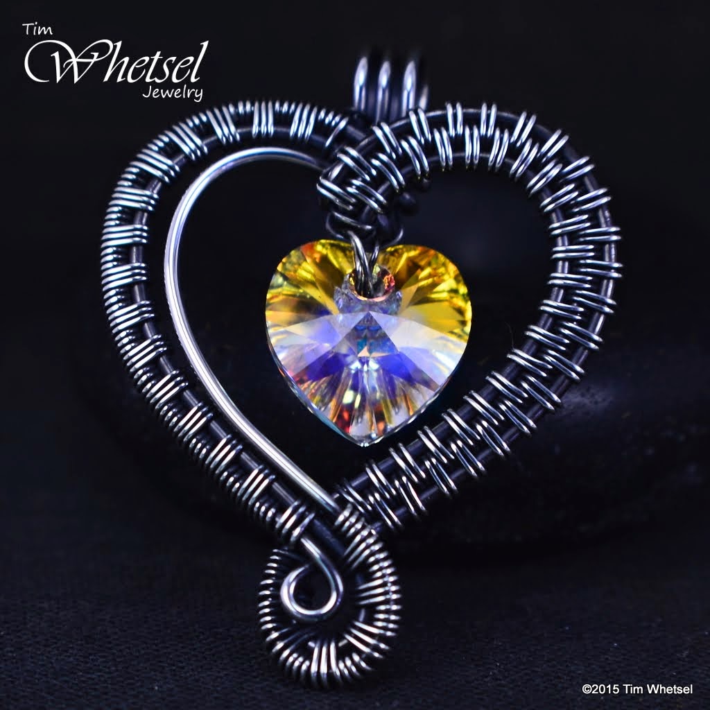 Handmade Sterling Silver Wire Wrapped Valentines Day Heart with Swarovski Heart Crystal Bead - ©2015 Tim Whetsel Jewelry