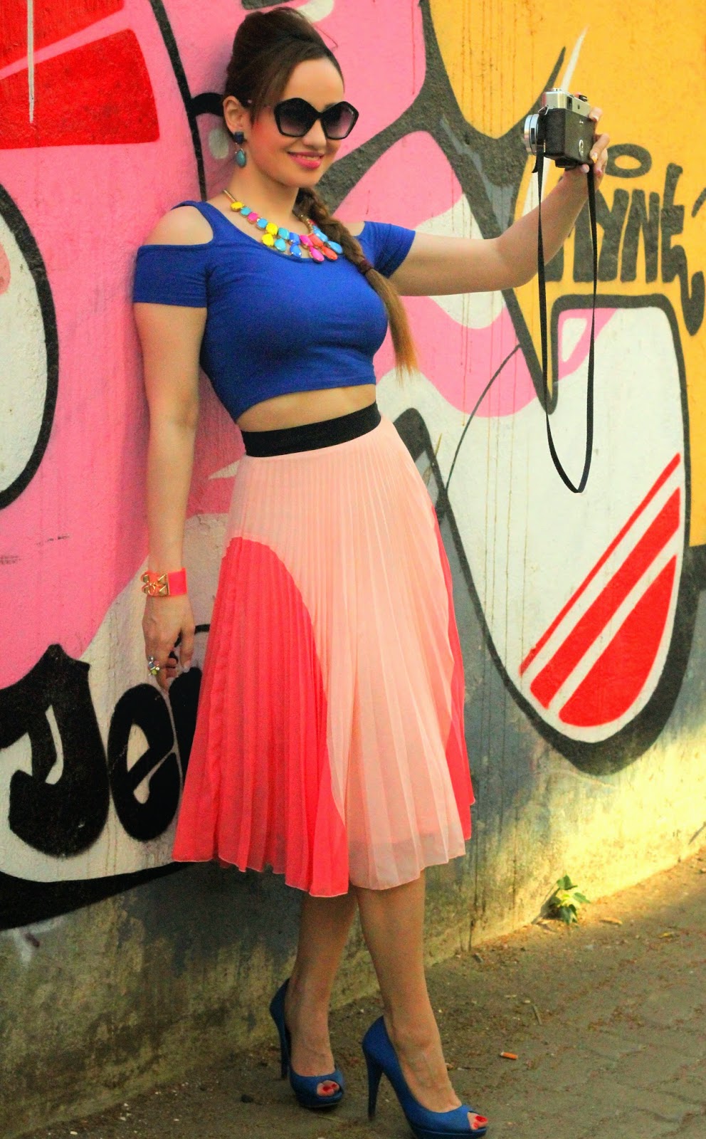 Forever21 Blue Crop Top & River Island Pink Pleated Tea-length Skirt