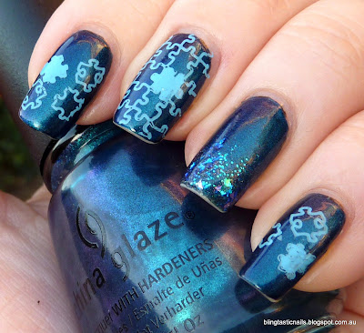 China Glaze Rodeo Fanatic with stamping for Autism Awareness Week