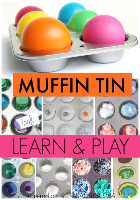 Creative ways to learn and play with muffin tine, including math, sight words, science, art, sorting, colors, baby play, and more.
