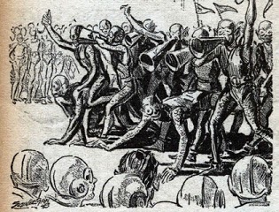 One of the illustrations accompanying the original publication in Astounding magazine of short story Rule 18 by Clifford D Simak. Image shows the victory procession through New York of Martian football team after its latest win against earth.