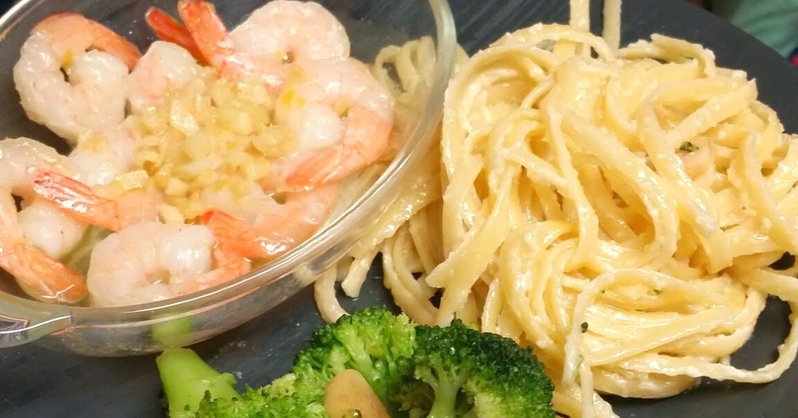 A Plate of Deliciousness Shrimp Scampi with Alfredo Linguini and Broccoli