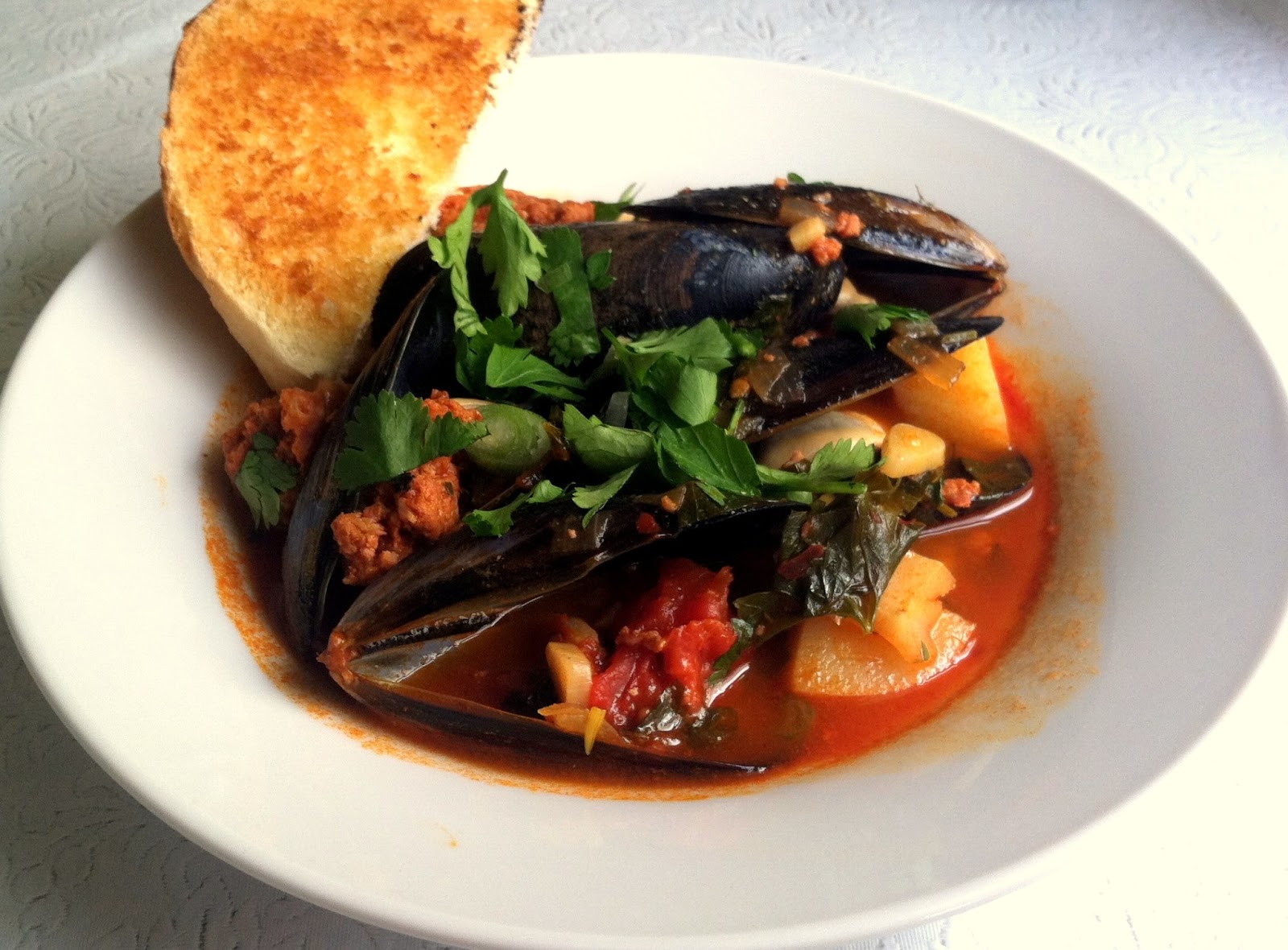 A Life of Little Pleasures Mussels with Chorizo, Tomato, and Potato Stew
