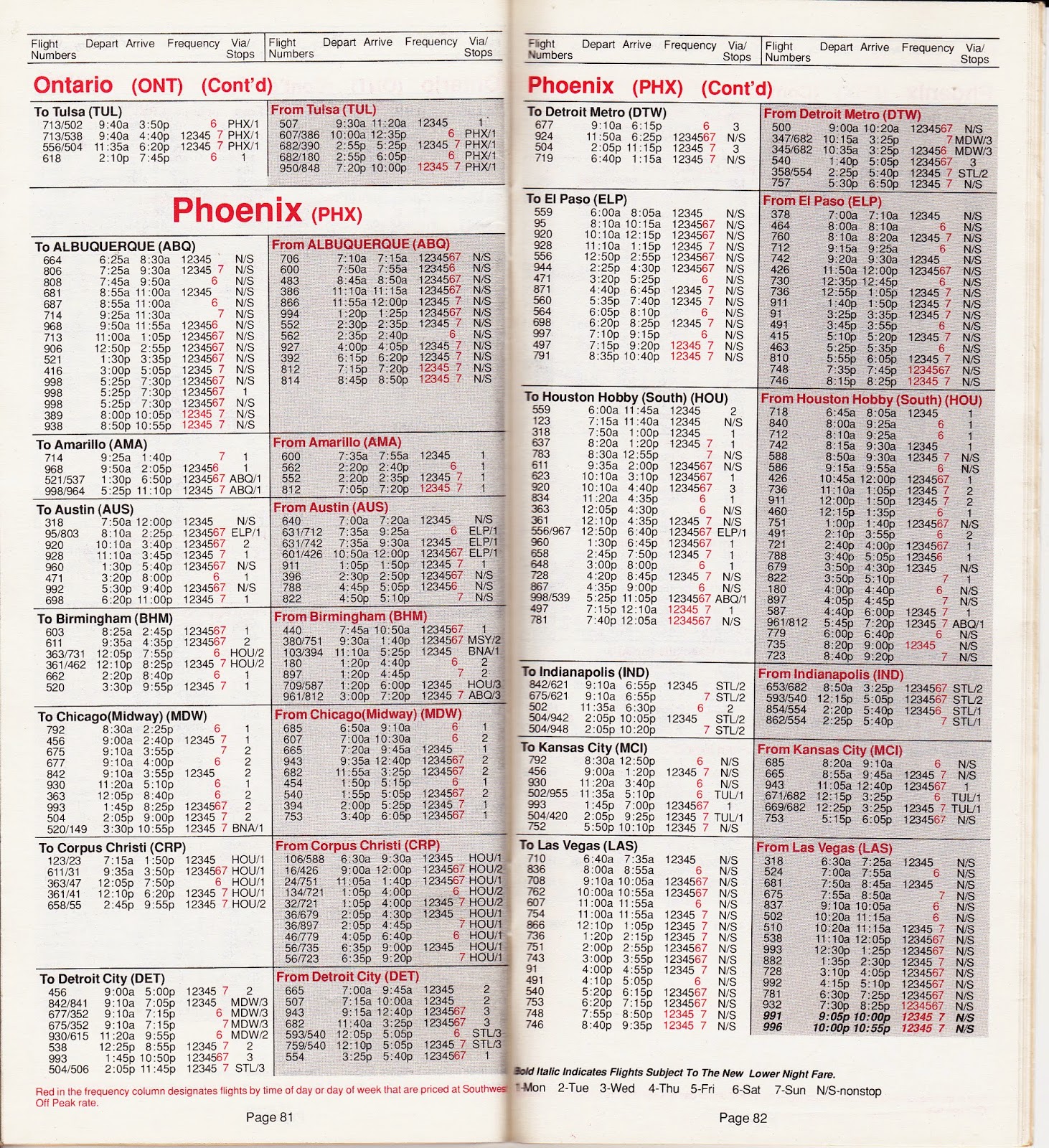 Airline Timetables Southwest Airlines April, 1990
