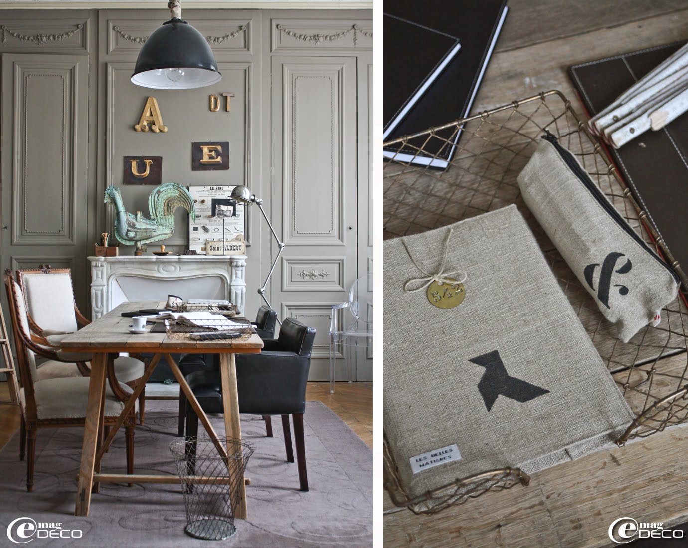 Dans un bureau, une table composée de tréteaux chinés et d'un vieux plateau, une suspension d'atelier chinée