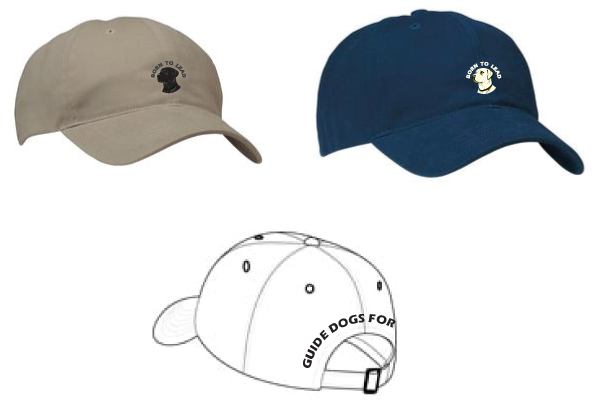 mockup of the hats in khaki and navy with diagram of back of hat with text going around the opening in back
