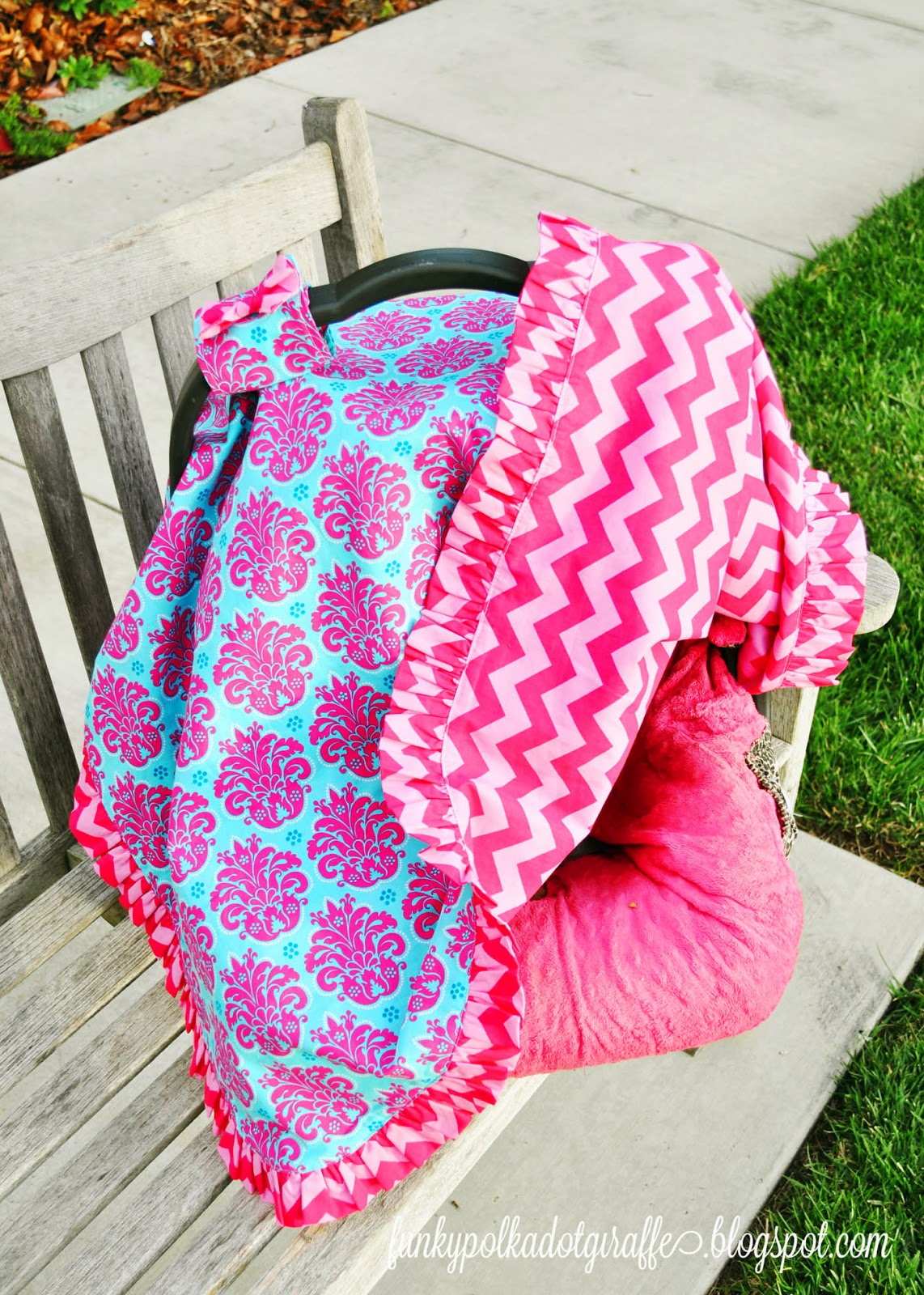 Funky Polkadot Giraffe Car Seat Canopy Tutorial with a {RUFFLE} Edge