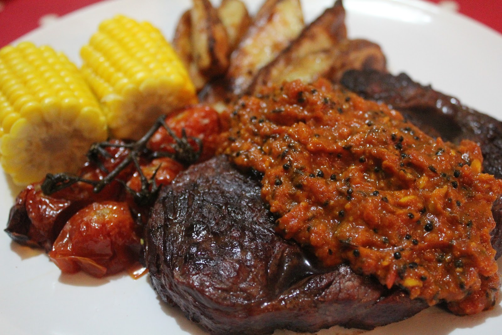 Sirloin Steak with Tomato Kasundi and Potato Wedges A Dash Of Flavour