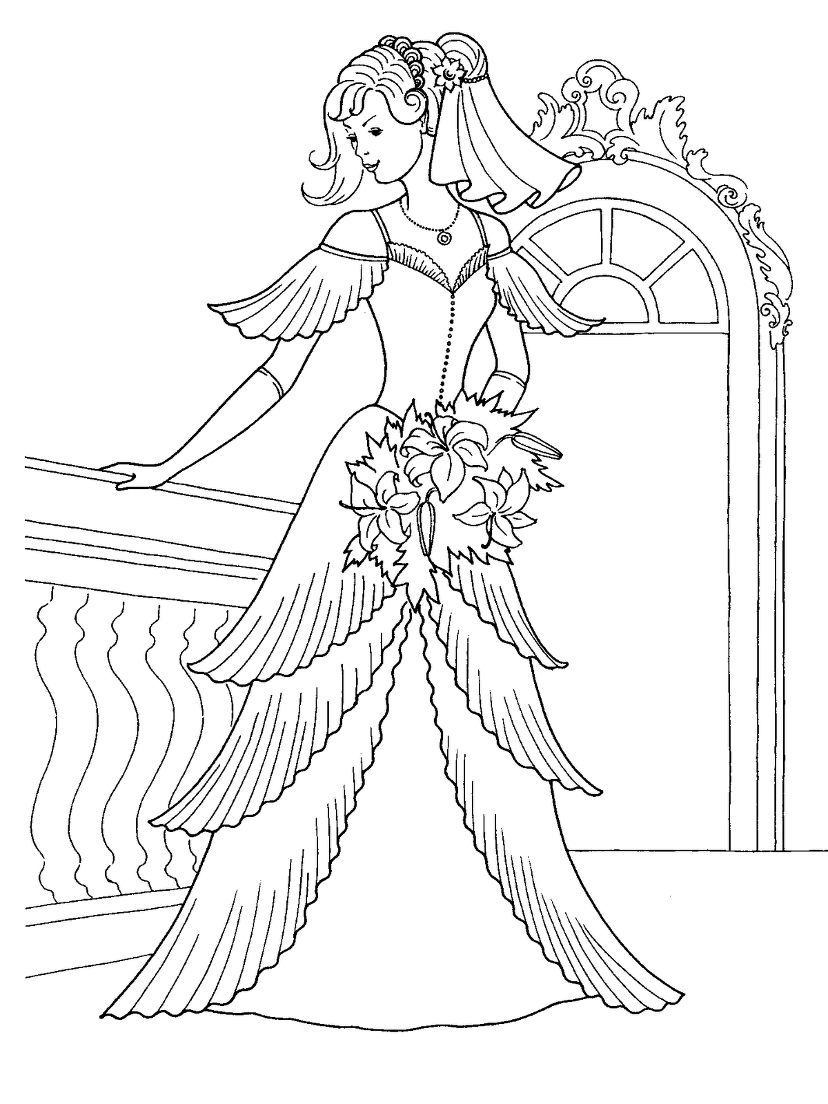 The Wedding Dresses Princess Coloring Sheet to Print Colorful Cartoon